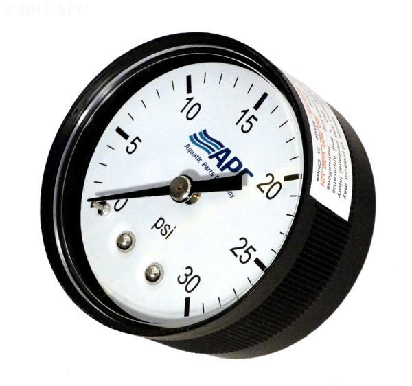 Pressure gauge, poly case, 1/4" tap, 0-30#, back mount, 2" face - Yardandpool.com