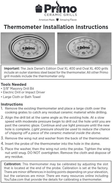 Primo Grills Oval XL 400 Replacement Dome Thermometer